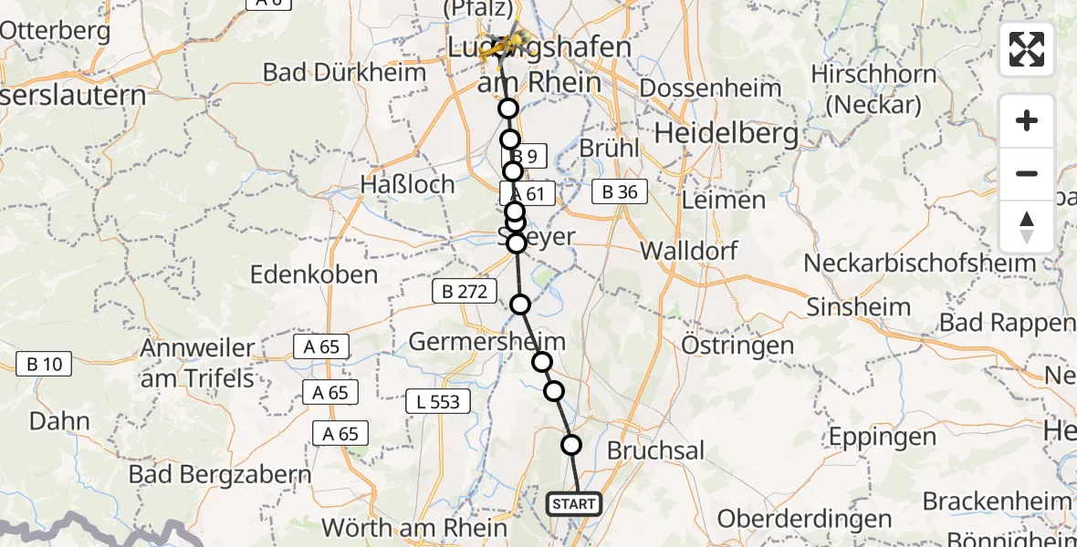 Flugroute Rettungshubschrauber Stutensee - Ludwigshafen Accident Hospital, 14 Juli 2026, 07:21