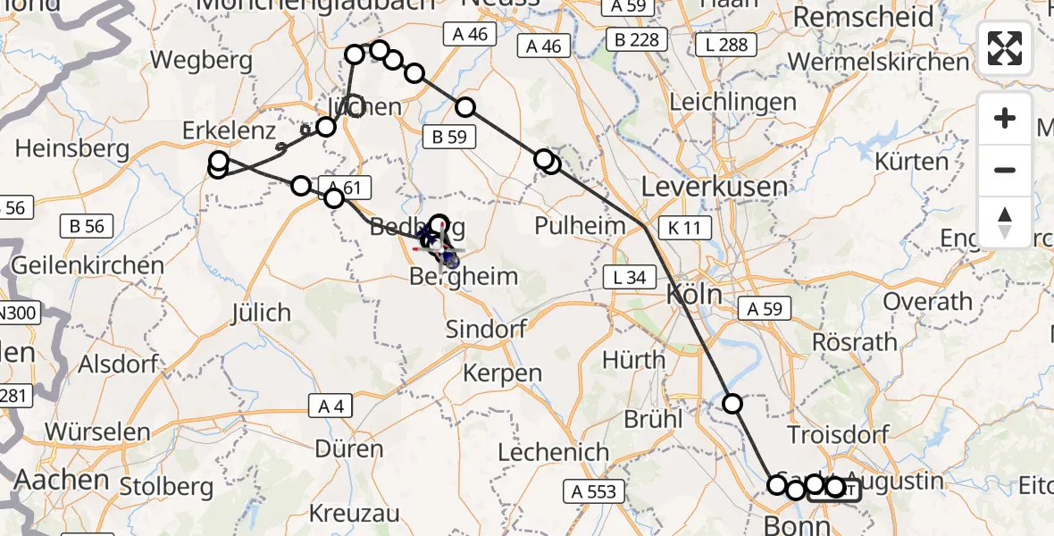 Flugroute Polizeihubschrauber Sankt Augustin - Bergheim Flugplatz, 14 Juli 2026, 07:22