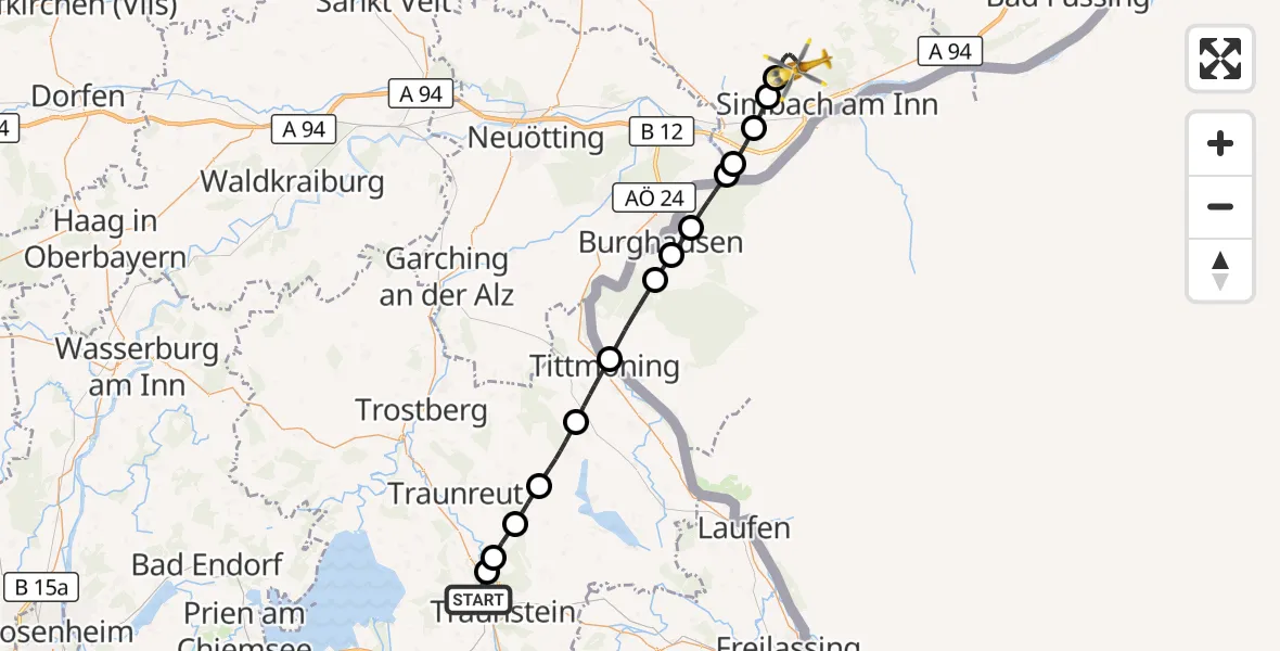 Flugroute Rettungshubschrauber Traunstein - Simbach a.Inn, 14 Juli 2026, 07:23