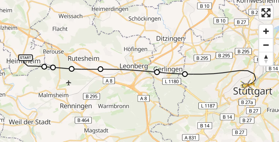 Flugroute Rettungshubschrauber Heimsheim - Stuttgart, 14 Juli 2026, 07:24