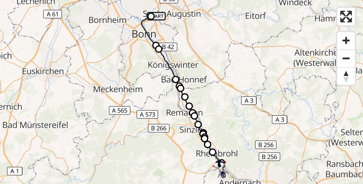 Flugroute Polizeihubschrauber Sankt Augustin - Andernach, 14 Juli 2026, 07:29