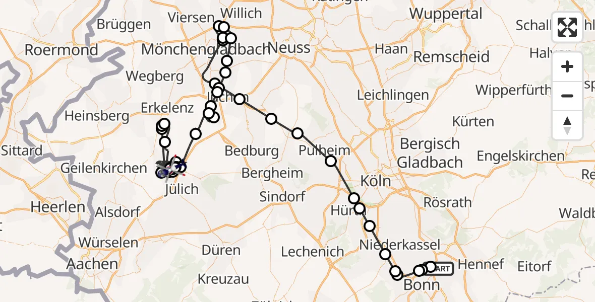 Flugroute Polizeihubschrauber Sankt Augustin - Linnich-Boslar Ultraleichtflugplatz, 14 Juli 2026, 07:35