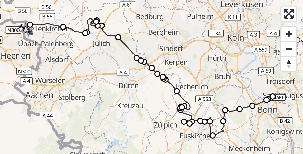 Flugroute Polizeihubschrauber Sankt Augustin - Militärflugplatz Geilenkirchen, 14 Juli 2026, 07:40
