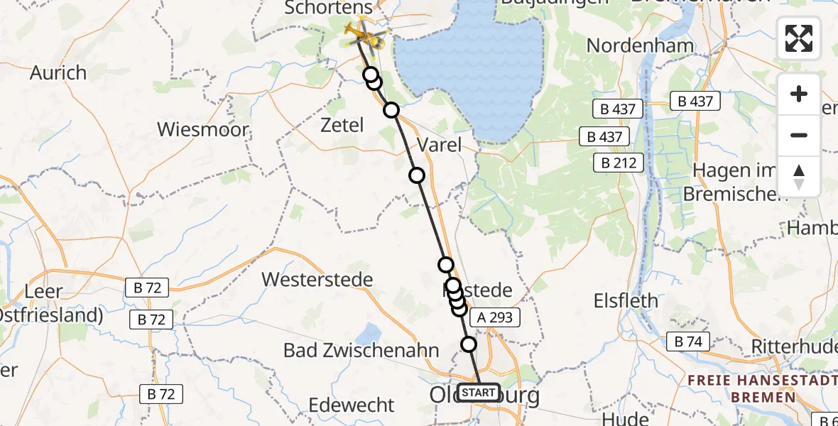 Flugroute Rettungshubschrauber Oldenburg (Oldb) - Sande, 14 Juli 2026, 07:40