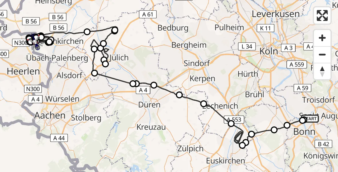 Flugroute Polizeihubschrauber Bonn - Militärflugplatz Geilenkirchen, 14 Juli 2026, 07:41