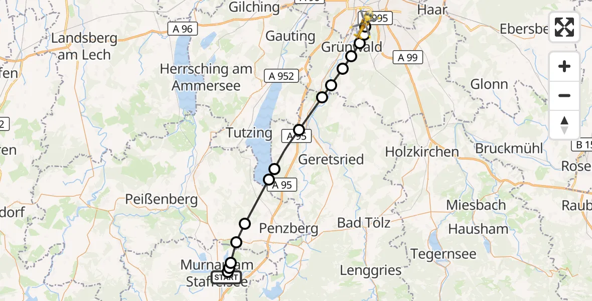Flugroute Rettungshubschrauber Murnau a.Staffelsee - ADAC Air Rescue Center Hubschrauberlandeplatz (Christoph 1), 14 Juli 2026, 07:44