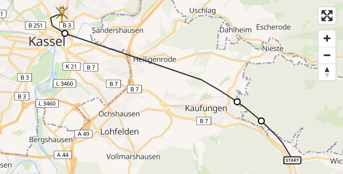 Flugroute Rettungshubschrauber Helsa - Kassel, 14 Juli 2026, 07:45