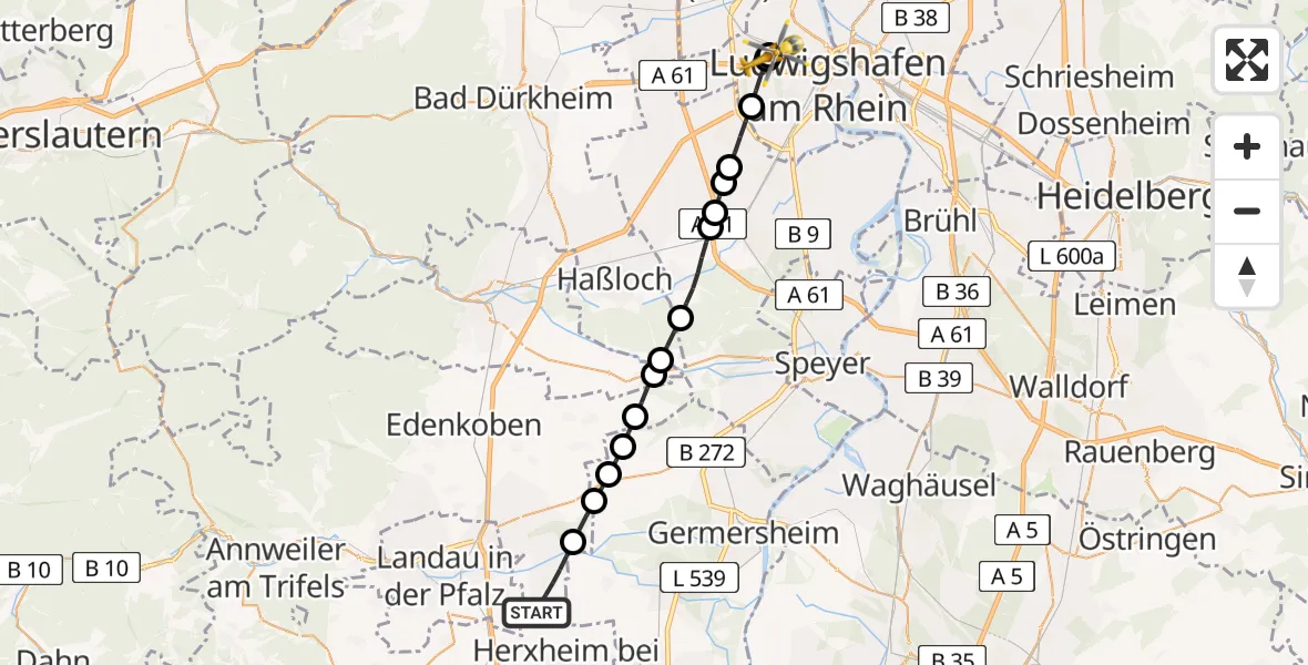 Flugroute Rettungshubschrauber Offenbach an der Queich - Ludwigshafen Accident Hospital, 14 Juli 2026, 07:51