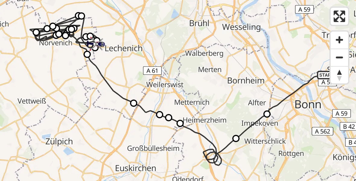 Flugroute Polizeihubschrauber Bonn - Nörvenich, 14 Juli 2026, 07:51
