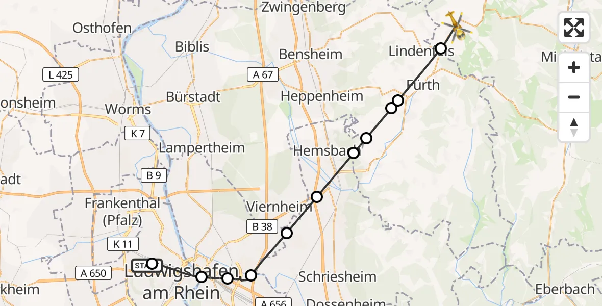 Flugroute Rettungshubschrauber Ludwigshafen Accident Hospital - Reichelsheim (Odenwald), 14 Juli 2026, 07:52
