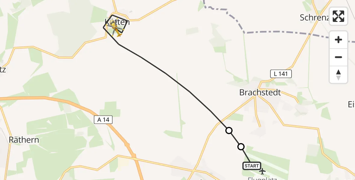 Flugroute Rettungshubschrauber Halle-Oppin Flugplatz - Petersberg, 14 Juli 2026, 07:53