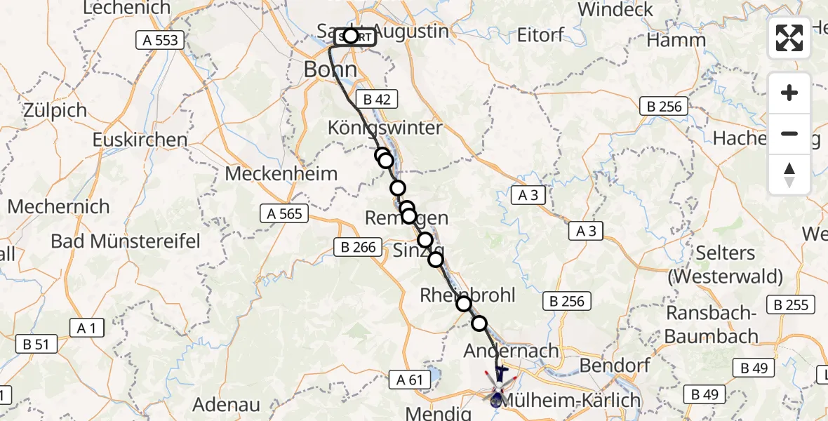 Flugroute Polizeihubschrauber Sankt Augustin - Plaidt, 14 Juli 2026, 07:53