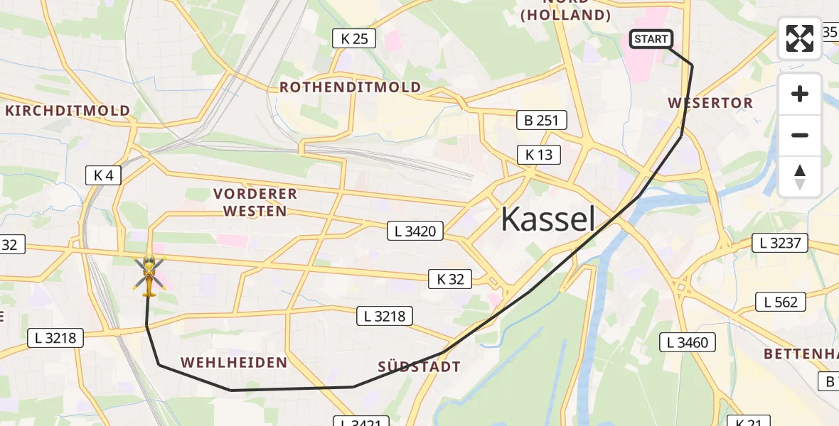 Flugroute Rettungshubschrauber Kassel - Kassel, 14 Juli 2026, 07:58