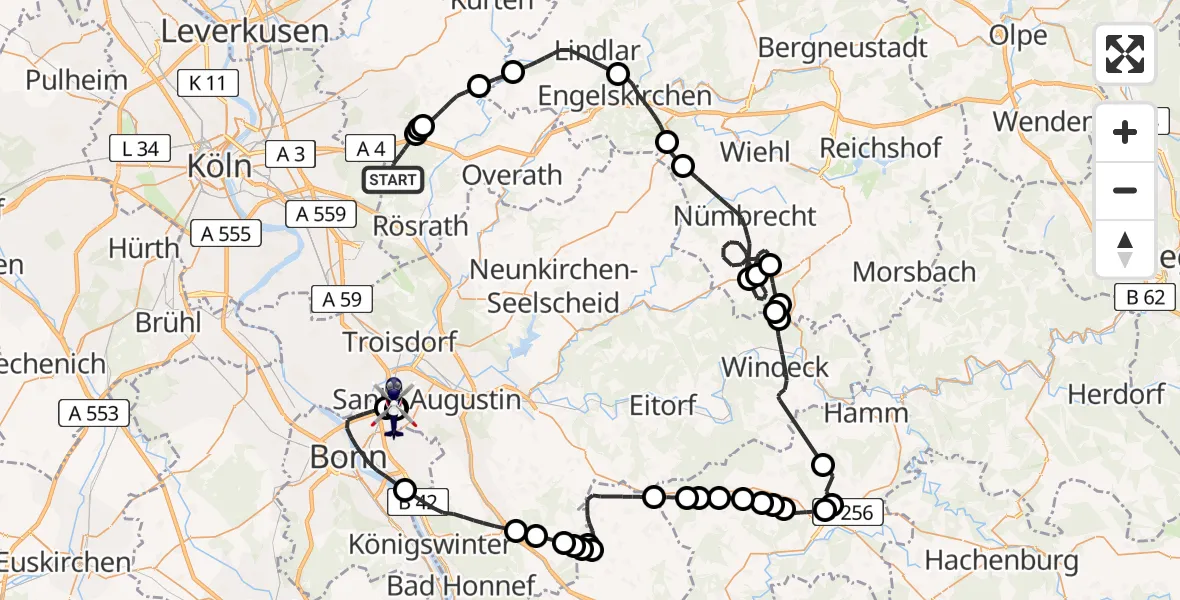 Flugroute Polizeihubschrauber Bergisch Gladbach - Sankt Augustin, 14 Juli 2026, 08:00