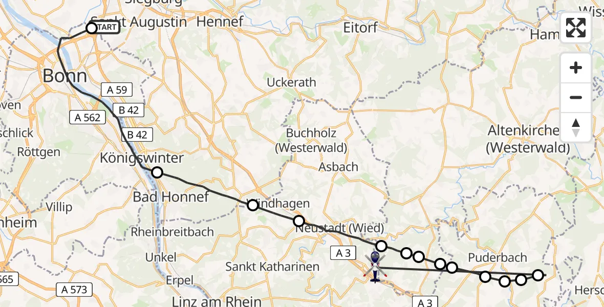 Flugroute Polizeihubschrauber Sankt Augustin - Neustadt (Wied), 14 Juli 2026, 08:03