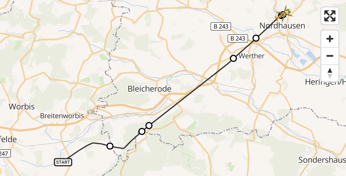 Flugroute Rettungshubschrauber Niederorschel - Südharz Hospital Nordhausen, 14 Juli 2026, 08:06