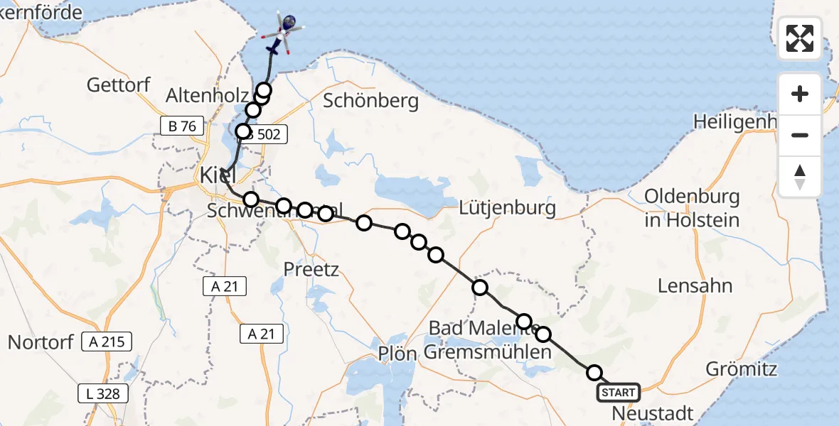 Flugroute Polizeihubschrauber Altenkrempe - Laboe, 14 Juli 2026, 08:10