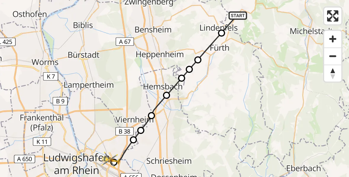 Flugroute Rettungshubschrauber Reichelsheim (Odenwald) - Mannheim-City Flughafen, 14 Juli 2026, 08:20