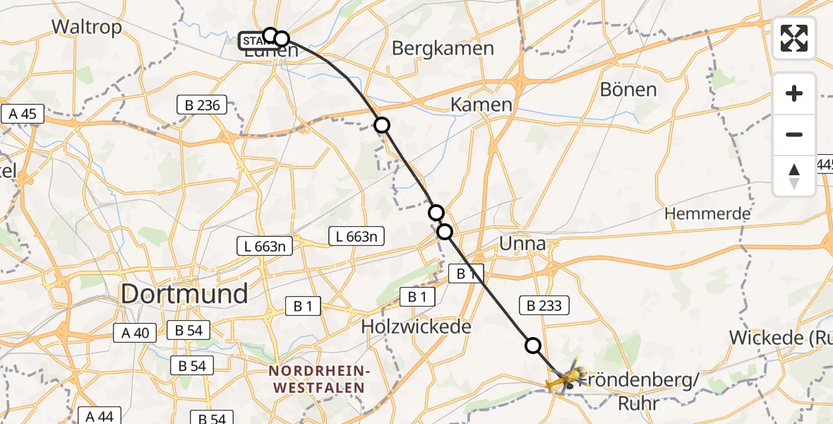 Flugroute Rettungshubschrauber Sankt Marien Hospital - Fröndenberg/Ruhr, 14 Juli 2026, 08:20