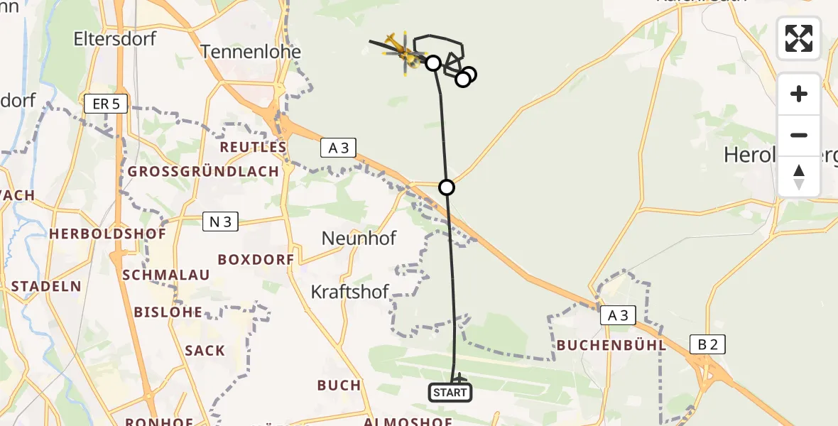 Flugroute Ambulanzhubschrauber Flughafen Nuremberg - Forst Tennenlohe, 14 Juli 2026, 08:21