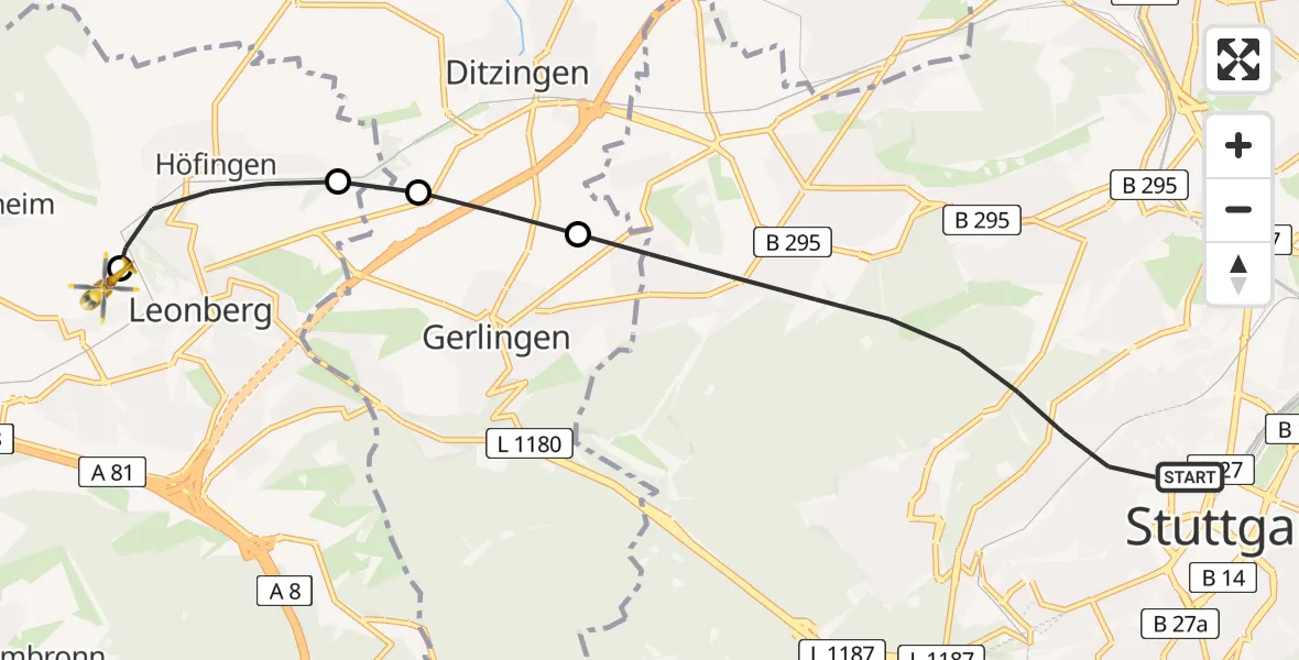 Flugroute Rettungshubschrauber Stuttgart - Leonberg Hospital, 14 Juli 2026, 08:25