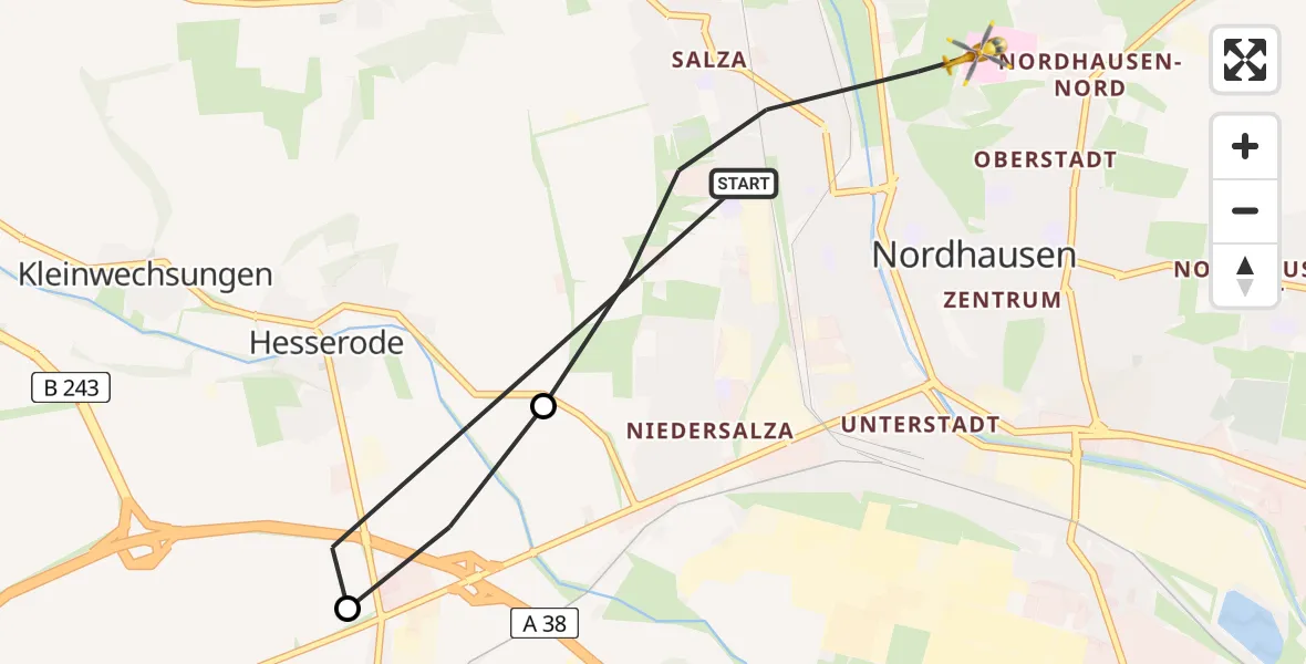 Flugroute Rettungshubschrauber Nordhausen - Südharz Hospital Nordhausen, 14 Juli 2026, 08:33