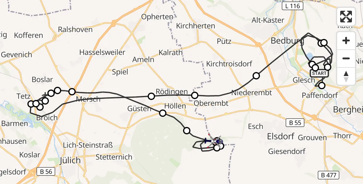 Flugroute Polizeihubschrauber Bergheim Flugplatz - Elsdorf, 14 Juli 2026, 08:33