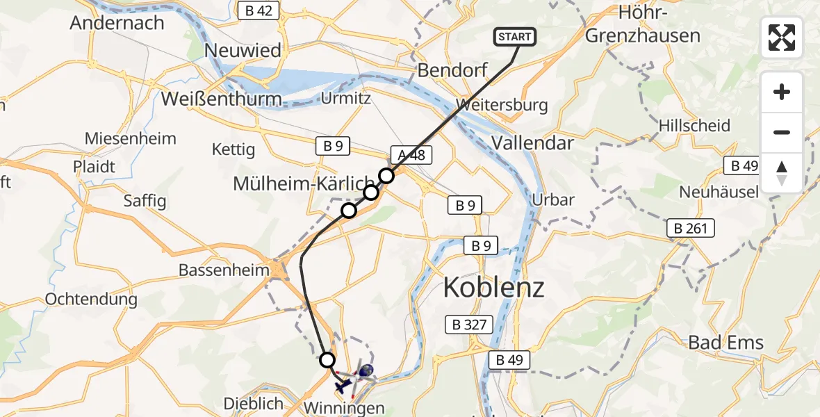 Flugroute Polizeihubschrauber Bendorf - Koblenz-Winningen Flugplatz, 14 Juli 2026, 08:35