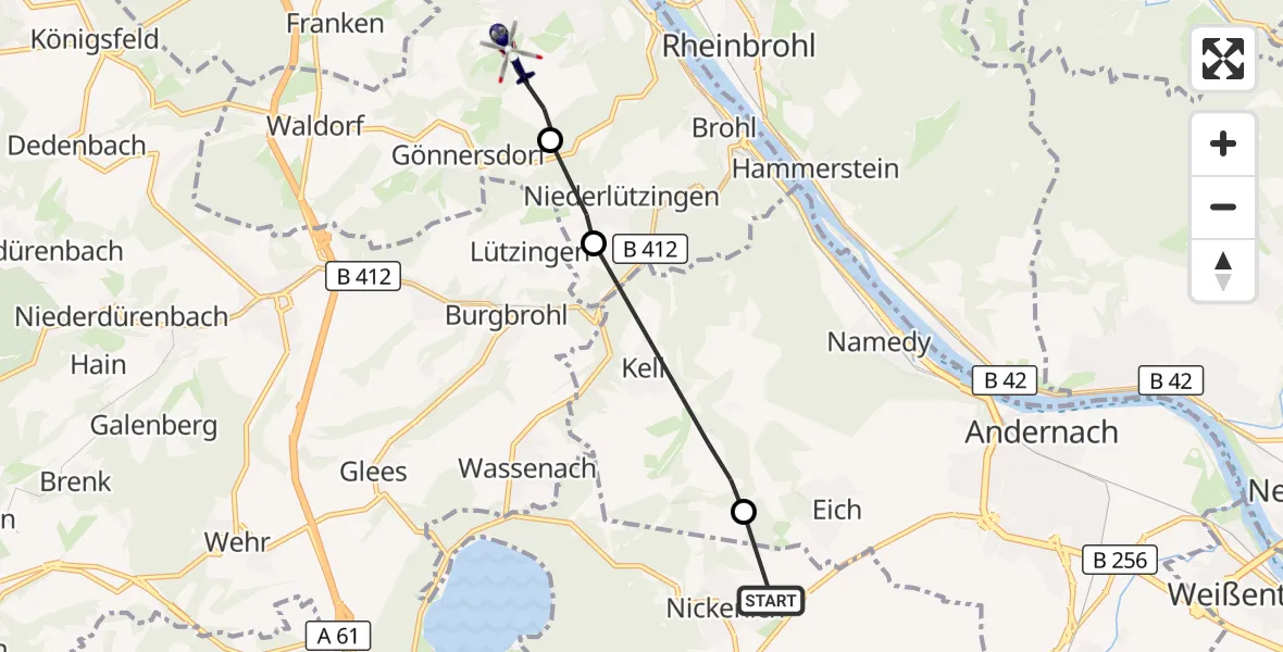 Flugroute Polizeihubschrauber Nickenich - Bad Breisig, 14 Juli 2026, 08:35