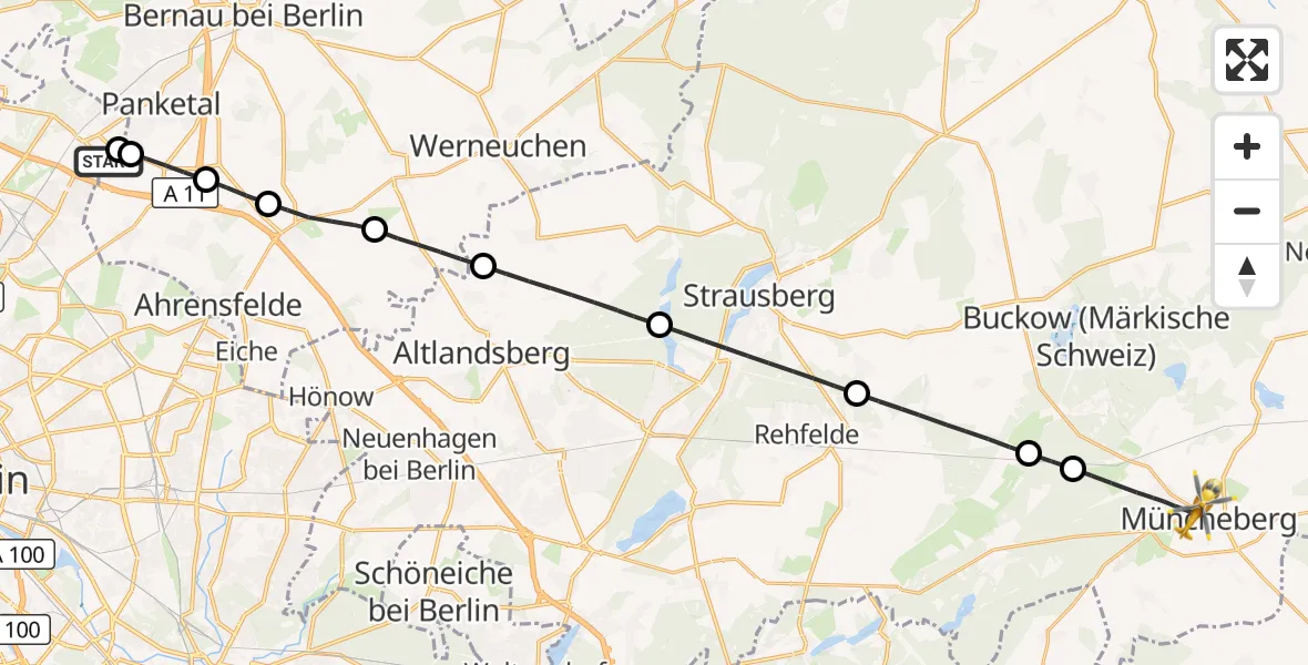 Flugroute Rettungshubschrauber Helios Clinic Berlin-Buch - Müncheberg, 14 Juli 2026, 08:41
