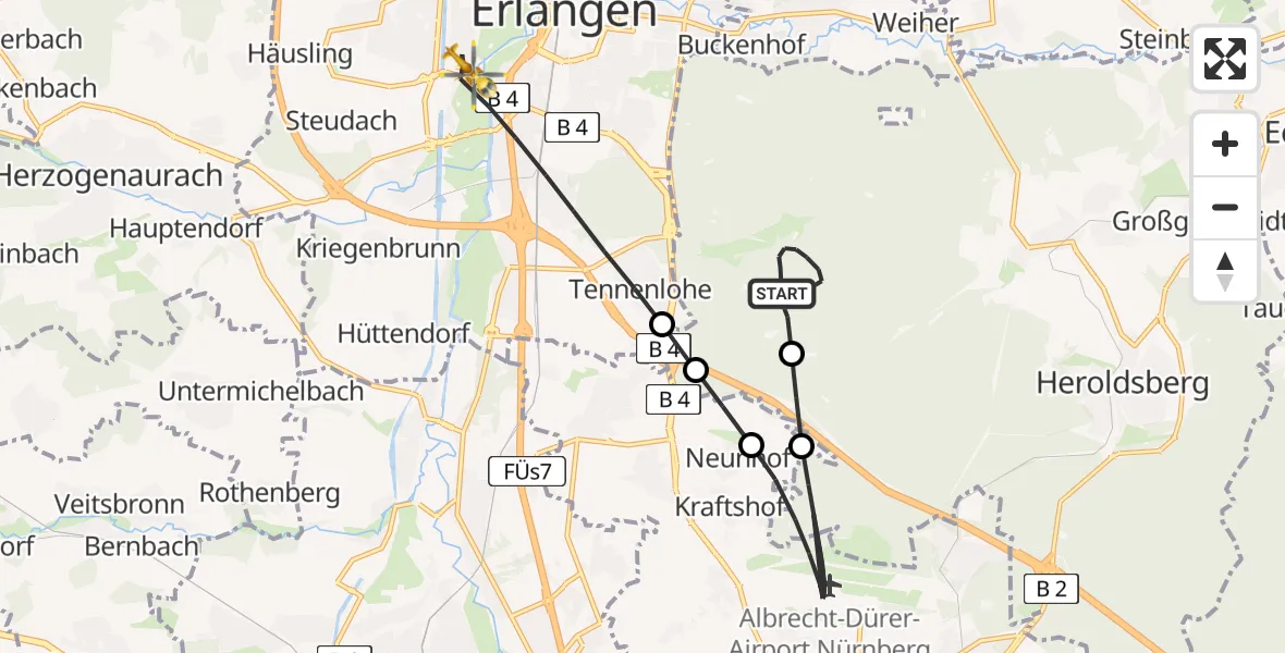 Flugroute Ambulanzhubschrauber Forst Tennenlohe - Erlangen, 14 Juli 2026, 08:44