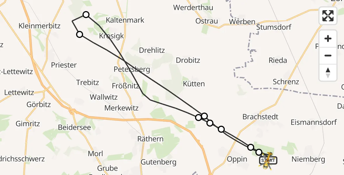 Flugroute Rettungshubschrauber Halle-Oppin Flugplatz - Halle-Oppin Flugplatz, 14 Juli 2026, 08:46