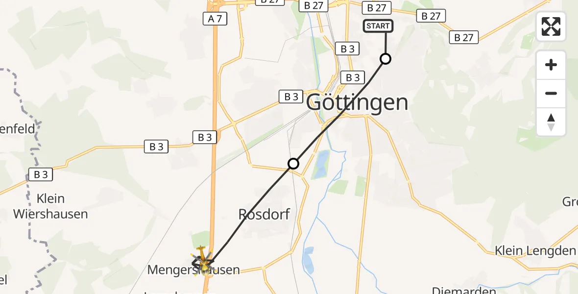 Flugroute Rettungshubschrauber Göttingen University Clinic Hubschrauberlandeplatz - Rosdorf, 14 Juli 2026, 08:47