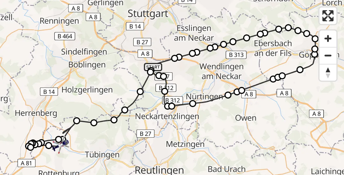 Flugroute Polizeihubschrauber Flughafen Stuttgart - Ammerbuch, 14 Juli 2026, 08:50