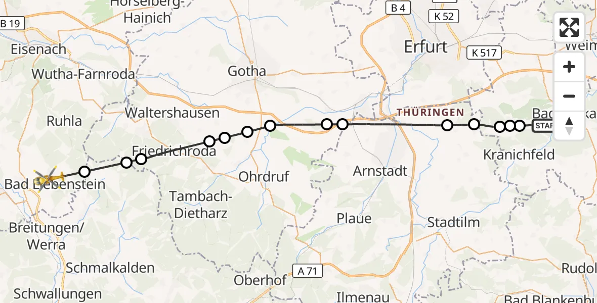 Flugroute Ambulanzhubschrauber Bad Berka - Bad Liebenstein, 14 Juli 2026, 08:50