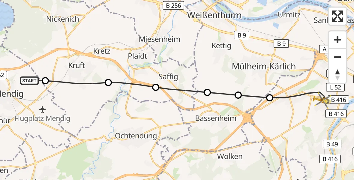 Flugroute Rettungshubschrauber Mendig - Koblenz, 14 Juli 2026, 08:54