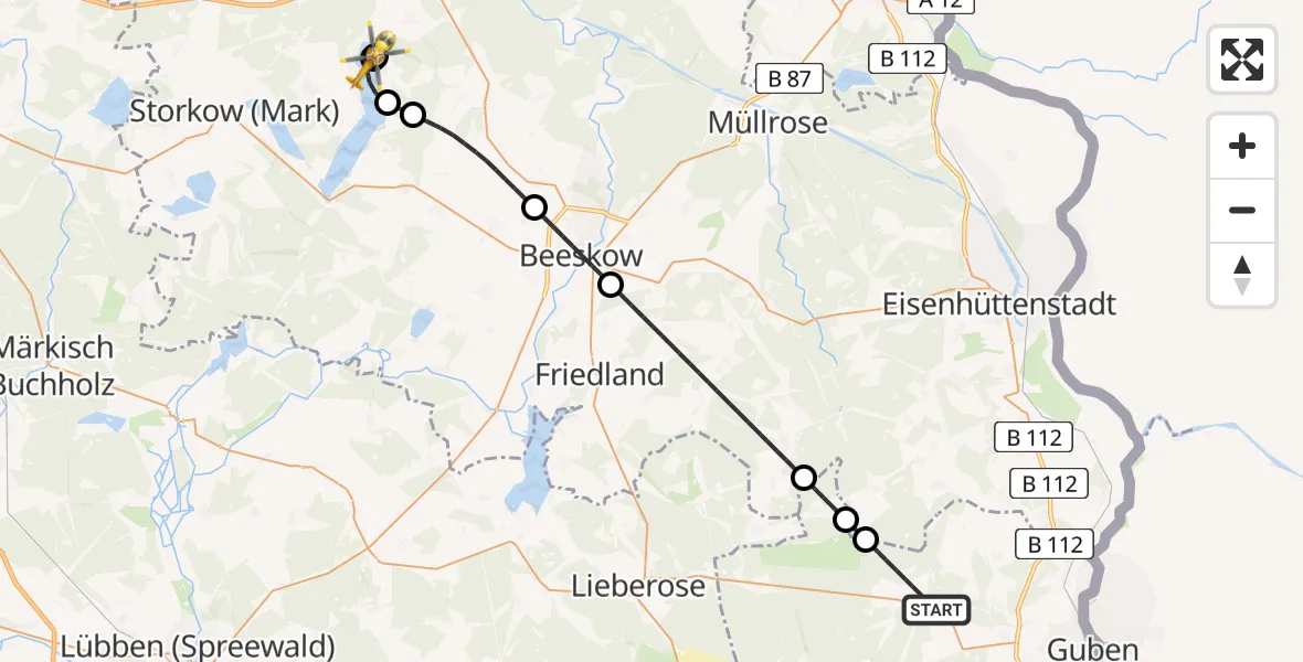 Flugroute Rettungshubschrauber Schenkendöbern - Bad Saarow Hospital Hubschrauberlandeplatz, 14 Juli 2026, 08:58