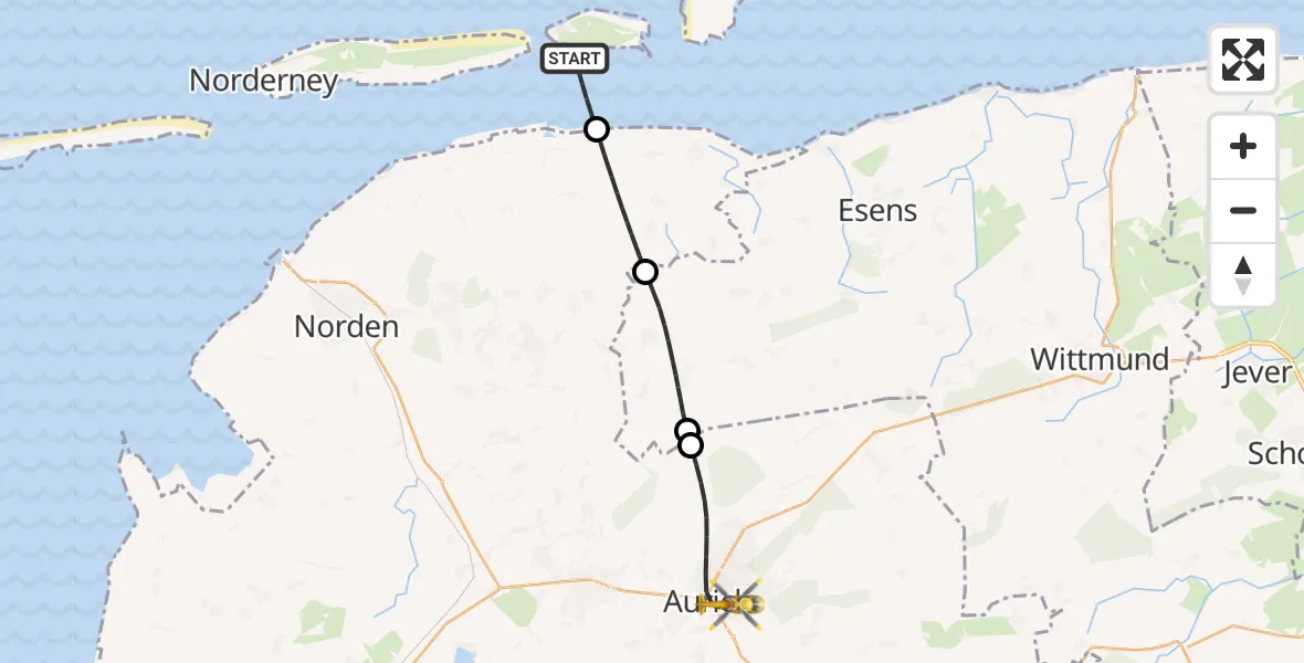 Flugroute Rettungshubschrauber Noordzee - Aurich, 14 Juli 2026, 08:59