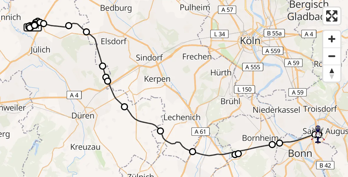 Flugroute Polizeihubschrauber Linnich-Boslar Ultraleichtflugplatz - Sankt Augustin, 14 Juli 2026, 09:01