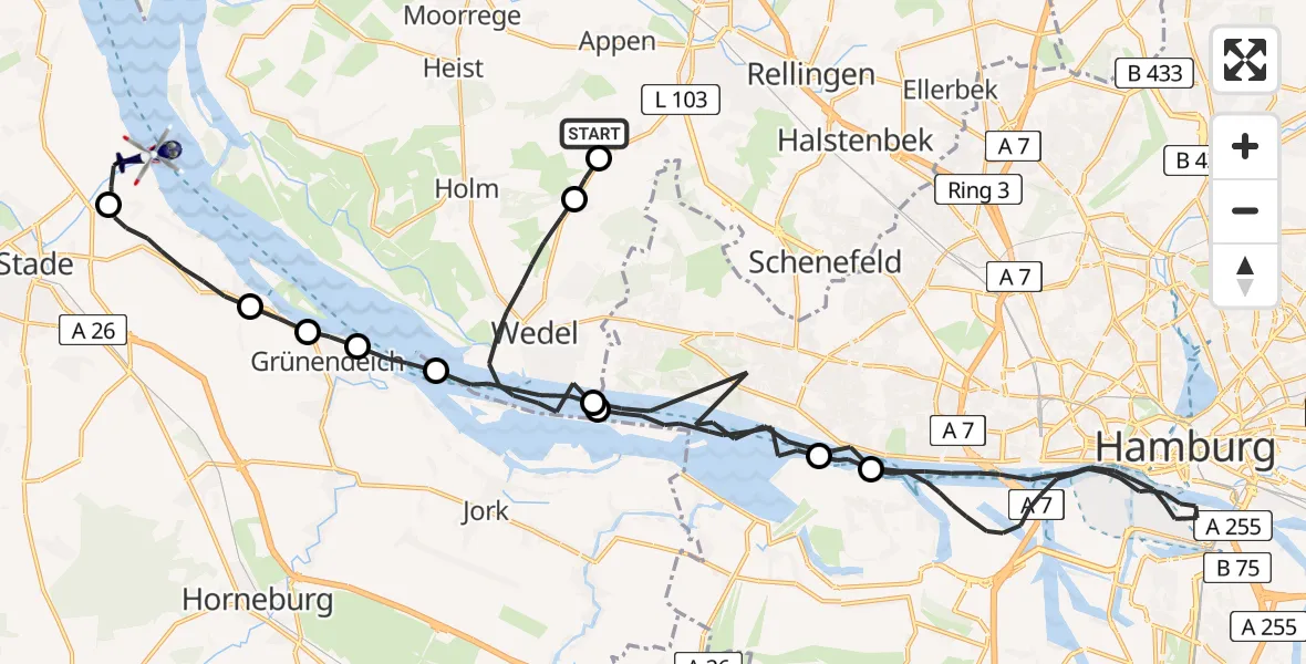 Flugroute Polizeihubschrauber Appen - Stade, 14 Juli 2026, 09:07
