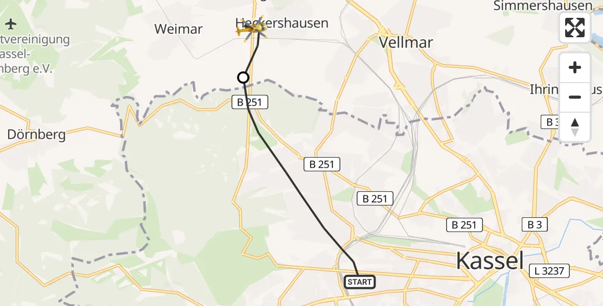 Flugroute Rettungshubschrauber Kassel - Ahnatal, 14 Juli 2026, 09:08