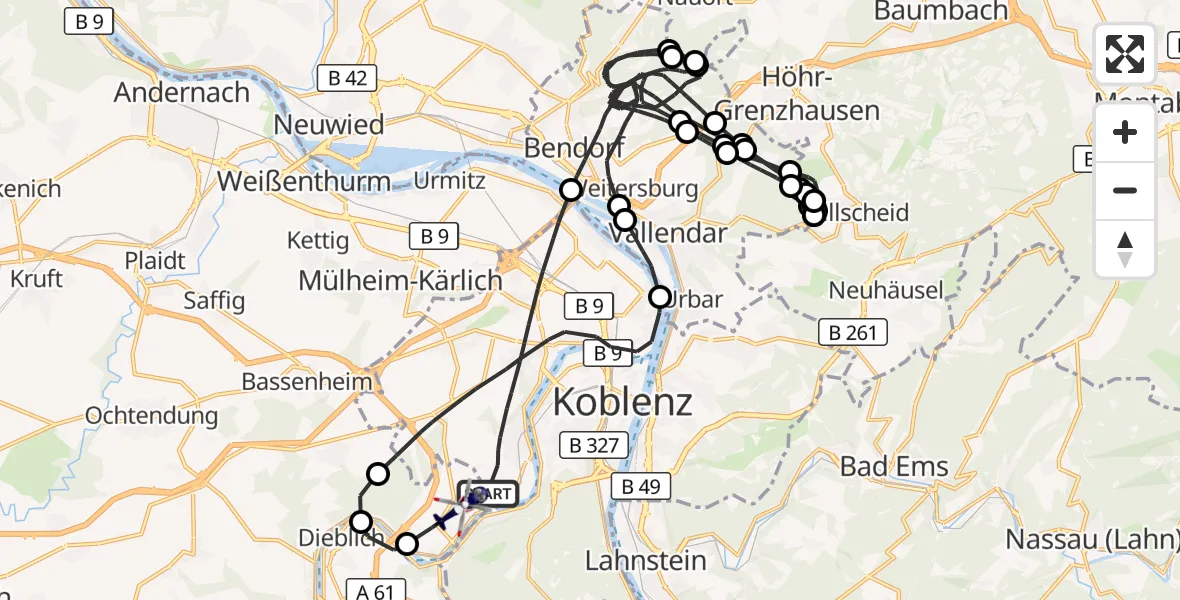 Flugroute Polizeihubschrauber Koblenz - Koblenz-Winningen Flugplatz, 14 Juli 2026, 09:09