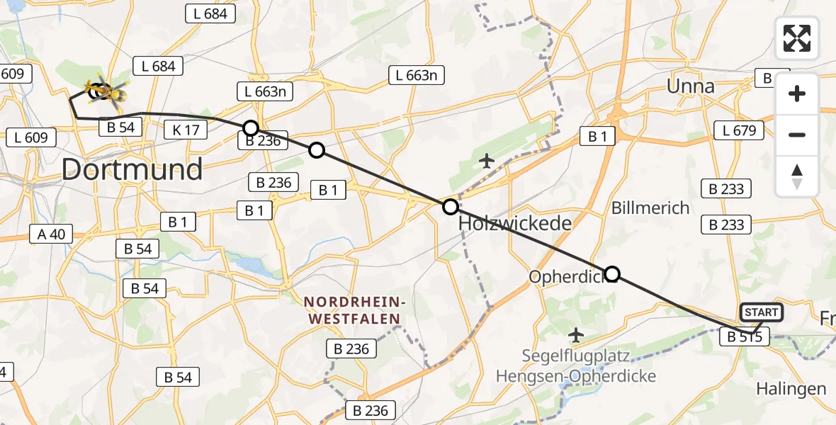 Flugroute Rettungshubschrauber Fröndenberg/Ruhr - Dortmund Hospital North, 14 Juli 2026, 09:11