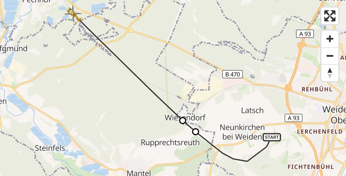 Flugroute Ambulanzhubschrauber Weiden i.d.OPf. - Schwarzenbach, 14 Juli 2026, 09:18