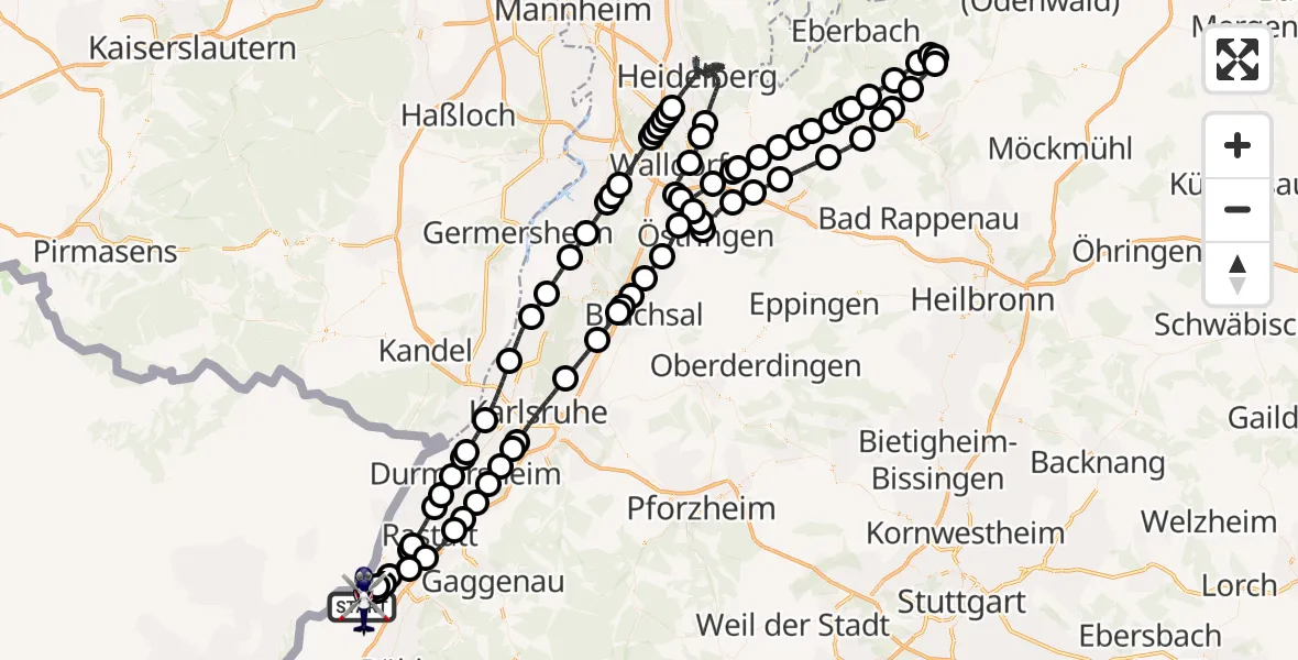 Flugroute Polizeihubschrauber Karlsruhe Baden-Baden Flughafen - Karlsruhe Baden-Baden Flughafen, 14 Juli 2026, 09:21