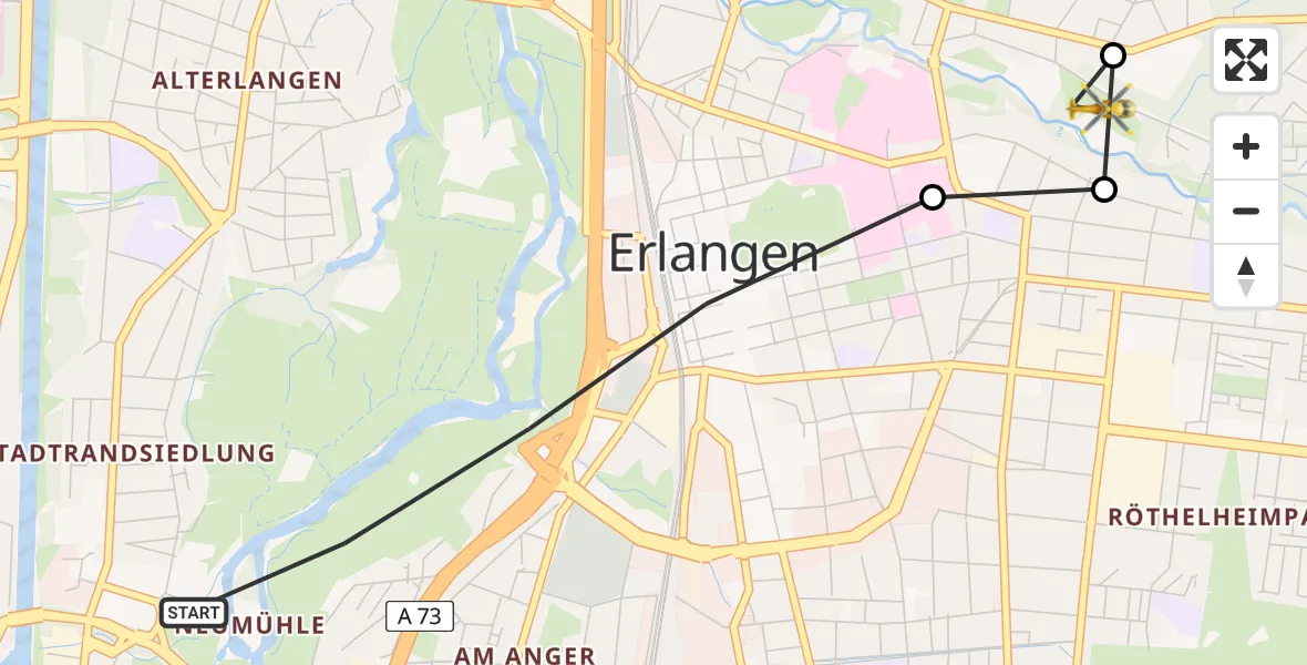 Flugroute Ambulanzhubschrauber Erlangen - Erlangen University Hospital Ebrardstraße, 14 Juli 2026, 09:27