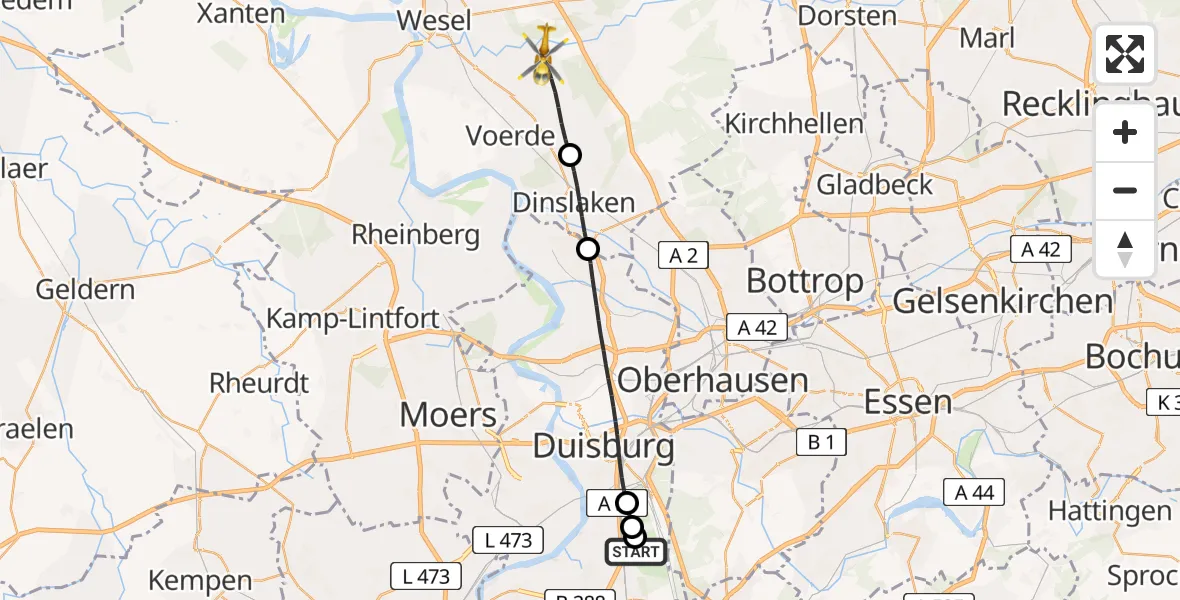 Flugroute Rettungshubschrauber Duisburg Air Rescue Hubschrauberlandeplatz (Christoph 9) - Hünxe, 14 Juli 2026, 09:28
