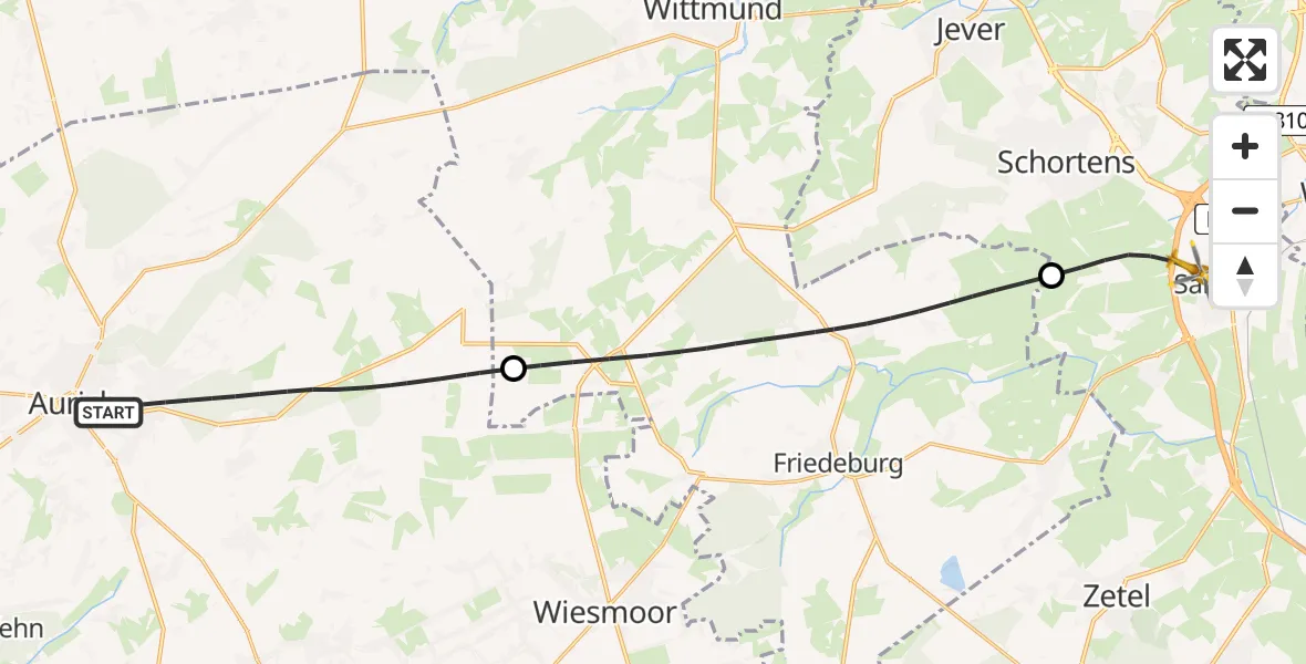 Flugroute Rettungshubschrauber Aurich - Sande, 14 Juli 2026, 09:30