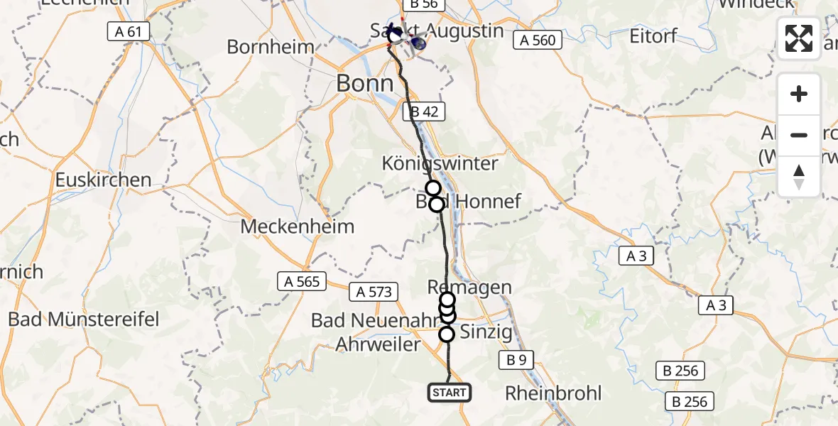 Flugroute Polizeihubschrauber Sinzig - Sankt Augustin, 14 Juli 2026, 09:31