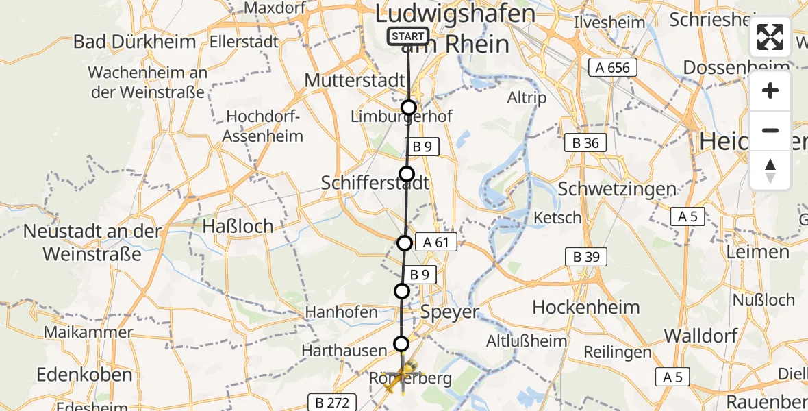 Flugroute Rettungshubschrauber Ludwigshafen am Rhein - Römerberg, 14 Juli 2026, 09:34